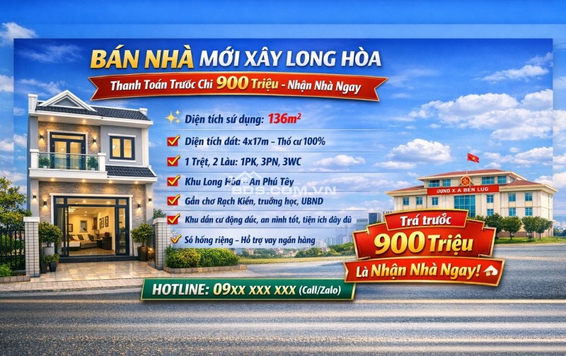 Nhà mới 3 tầng Long Hòa (Long An), thanh toán trước chỉ 900 triệu, dọn vào ở ngay